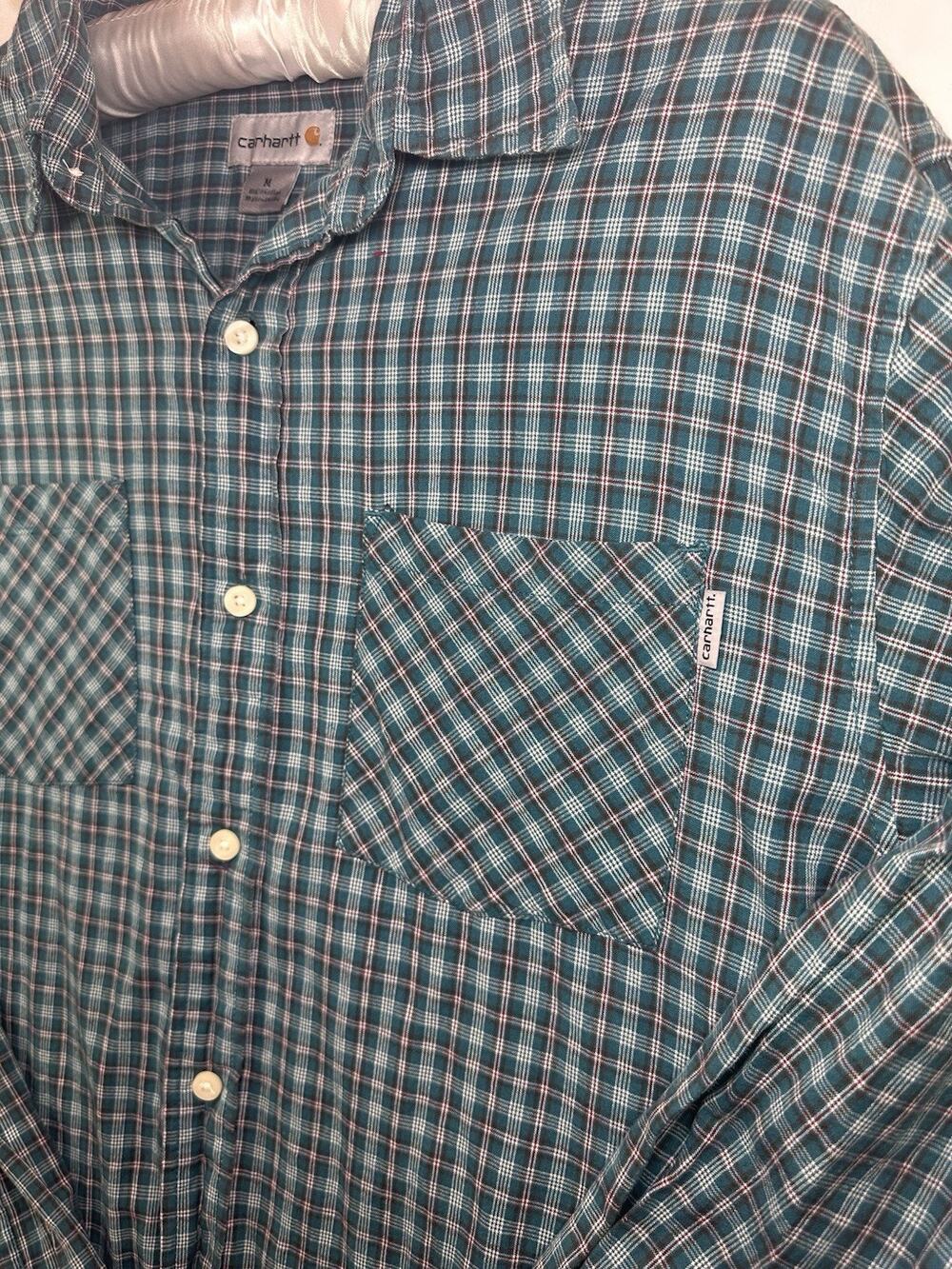 Carhartt Plaid Button Front Work Shirt Men’s Medium Green Cotton Long Sleeve